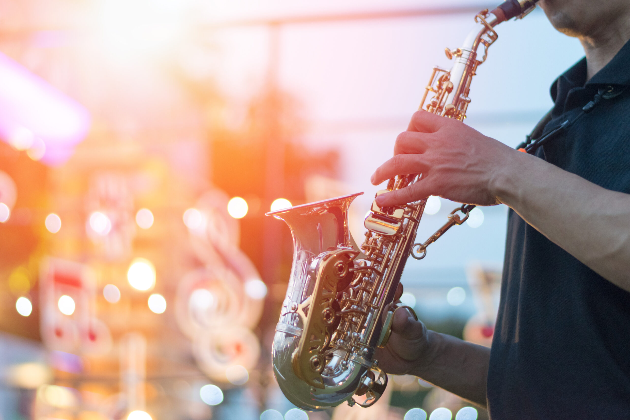 International jazz day and World Jazz festival. Saxophone, music instrument played by saxophonist player musician in fest.